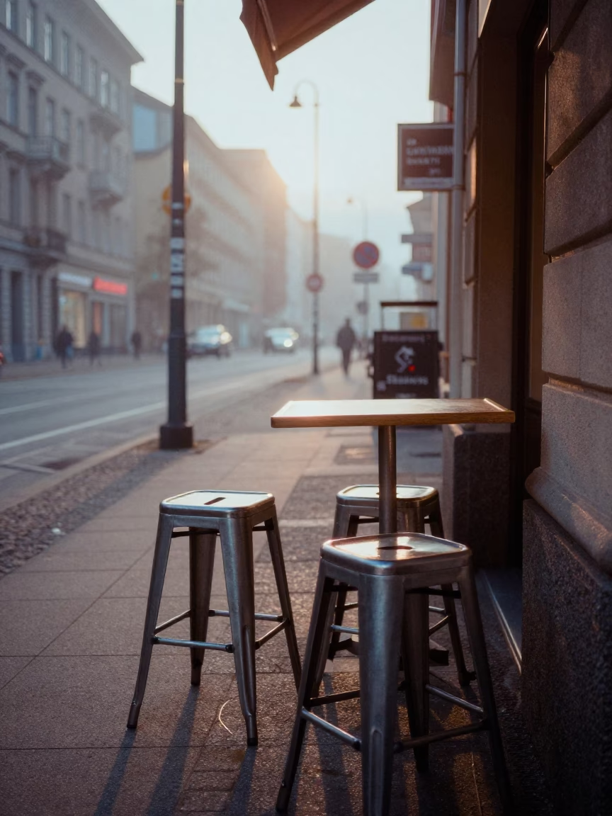 Berlin Germany dawn street scene with metal stools and bread board on sidewalk cafe in in Berlin, Germany