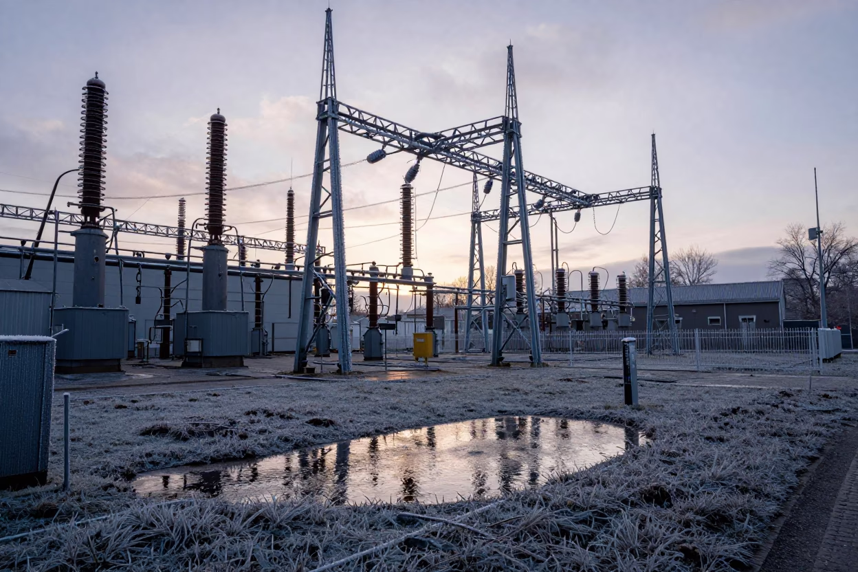 Berlin Germany Dawn Transmission Substation Hoarfrost and Oil Sheen Rainwater Puddle in in Berlin, Germany