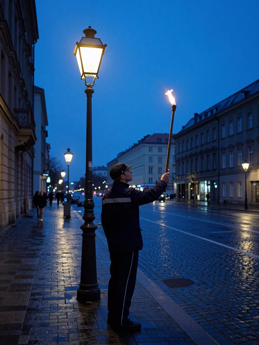 Berlin Germany evening blue hour lamplighter igniting gas street lamps near historic architecture in in Berlin, Germany