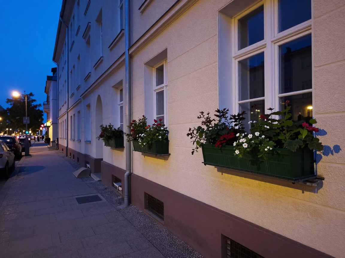 Berlin Germany Evening Blue Hour Street Scene with Window Boxes and Pomegranate Detail in in Berlin, Germany