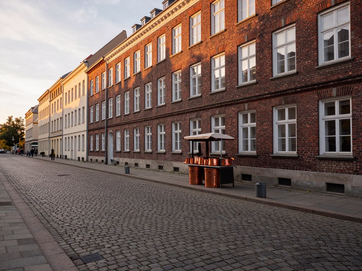 Berlin Germany Evening Light Cobblestone Street Scene with Copper Pots in in Berlin, Germany