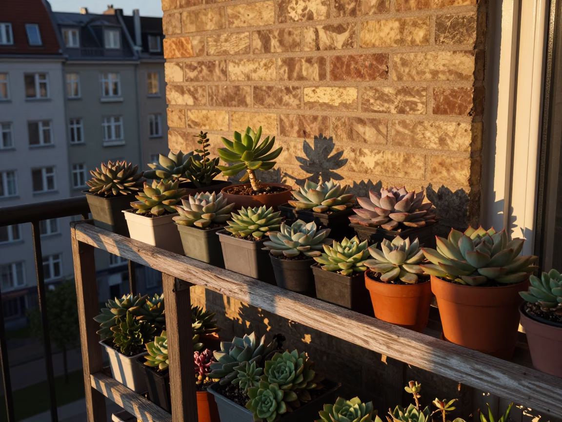 Berlin Germany Evening Light Potted Succulents on Balcony with Urban Skyline in in Berlin, Germany