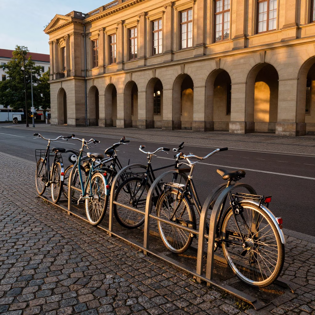 Berlin Germany Evening Light Vintage Bicycle Rack Near University Archway in in Berlin, Germany