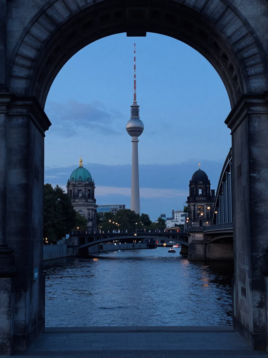 Berlin Germany Evening Skyline with Historic Stone Archway and River Reflections in in Berlin, Germany