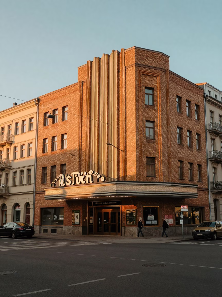 Berlin Germany Evening Street Scene with Art Deco Cinema Facade and Succulent Cafe Wall in in Berlin, Germany