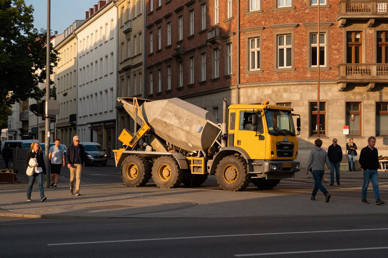 Berlin Germany Evening Street Scene with Cement Mixer Construction Site and Urban Infrastructure in in Berlin, Germany