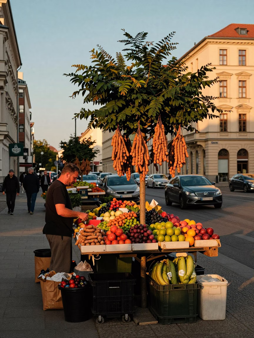 Berlin Germany evening street scene with colorful fruit stand and traditional attire in in Berlin, Germany