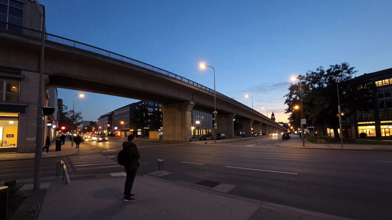 Berlin Germany Evening Street Scene with Concrete Viaduct and City Lights Glowing in in Berlin, Germany