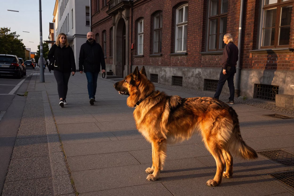 Berlin Germany evening street scene with Leonberger dog and urban architecture in in Berlin, Germany