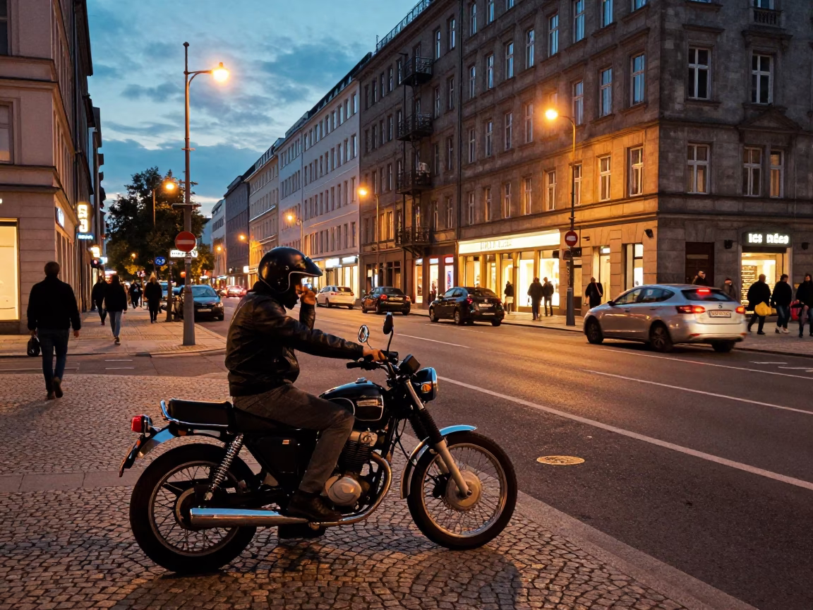 Berlin Germany Evening Street Scene with Motorcycle and Warm City Lights in in Berlin, Germany