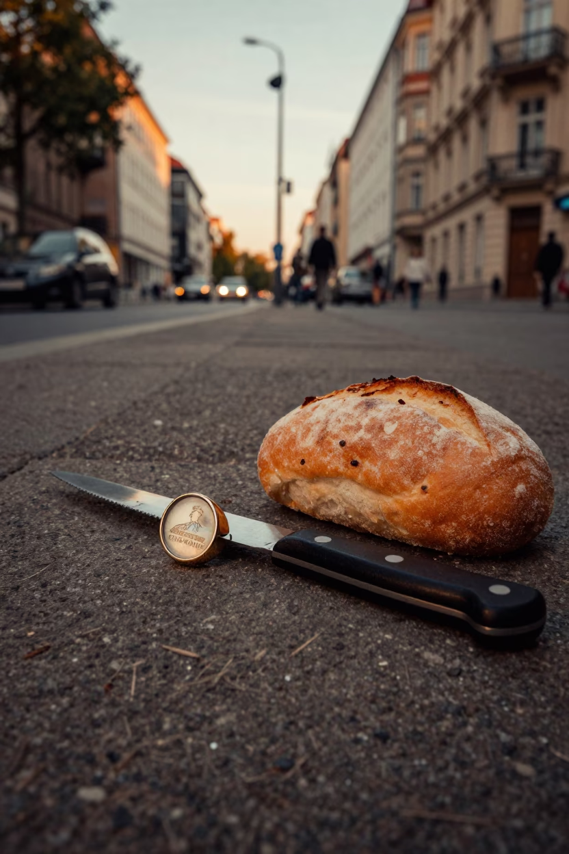 Berlin Germany Evening Street Scene with Signet Ring and Bread Knife on Table in in Berlin, Germany