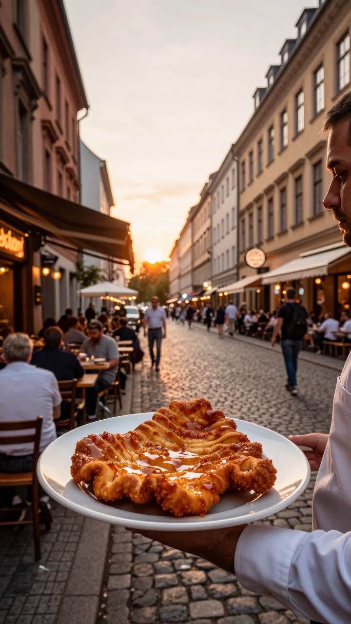 Berlin Germany Evening Street Scene with Traditional Wiener Schnitzel and Potato Salad Plate in in Berlin, Germany
