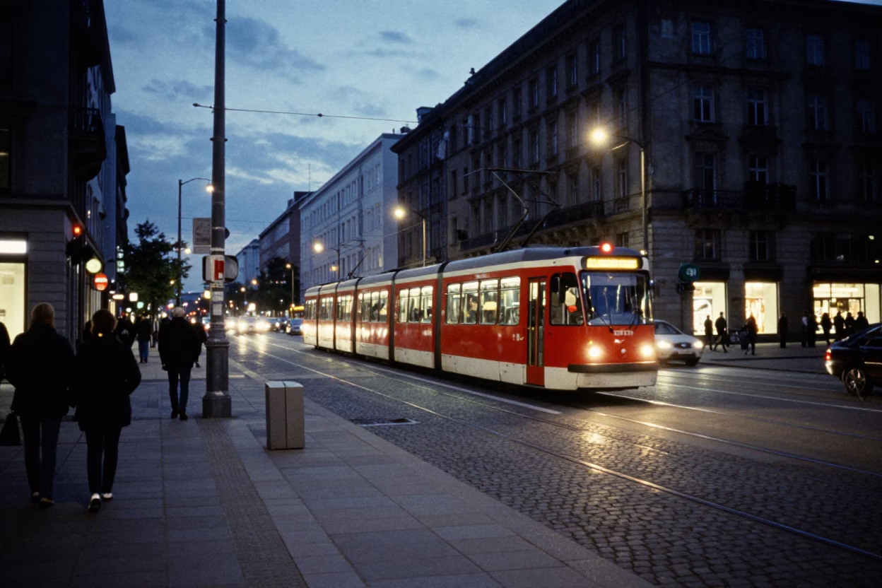 Berlin Germany Evening Street Scene with Tram and Urban Architecture at Dusk in in Berlin, Germany