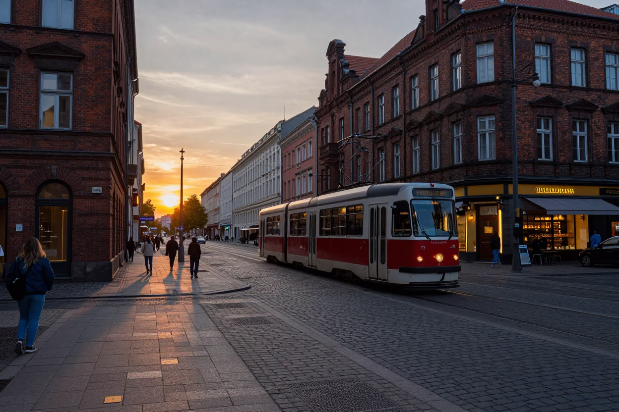Berlin Germany Evening Street Scene with Vintage Trams and Brick Architecture in in Berlin, Germany