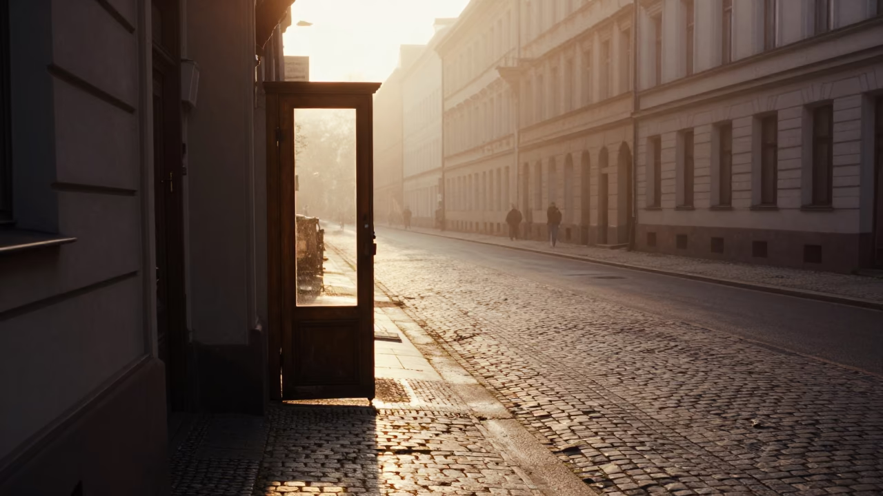 Berlin Germany First Light Dawn Street Scene with Doorframe and Folding Chair in in Berlin, Germany