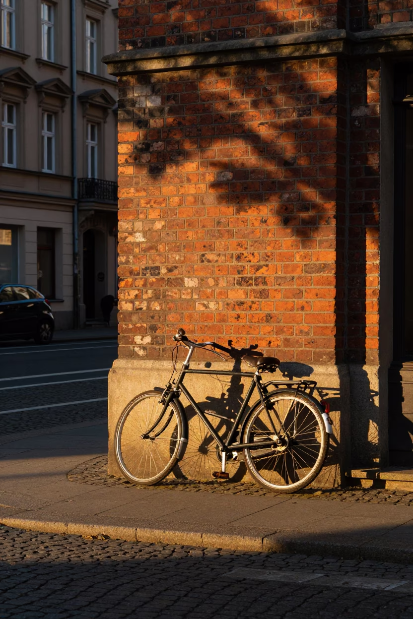 Berlin Germany honeyed evening light street scene with vintage bicycle and red brick architecture in in Berlin, Germany