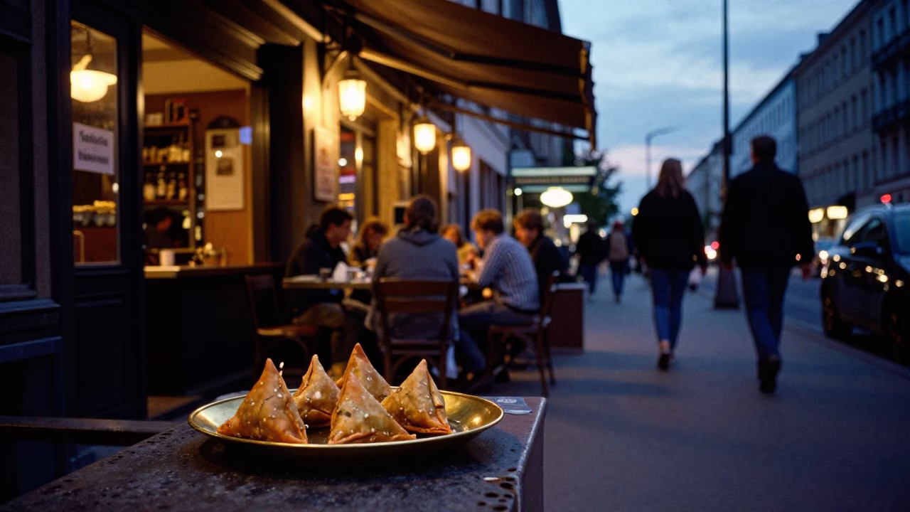 Berlin Germany indigo twilight street scene with brass plate samosas and linen fringe cabinet in in Berlin, Germany