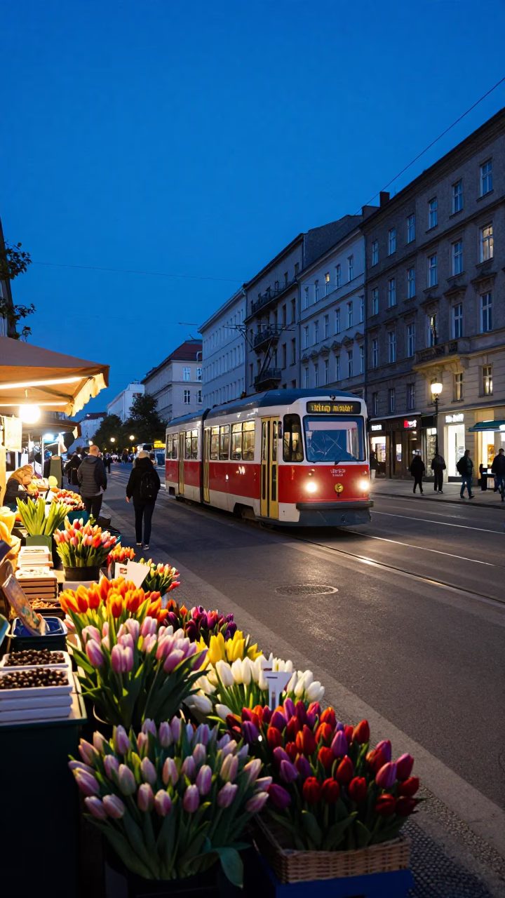 Berlin Germany Indigo Twilight Street Scene with Tram and Market Stalls in in Berlin, Germany