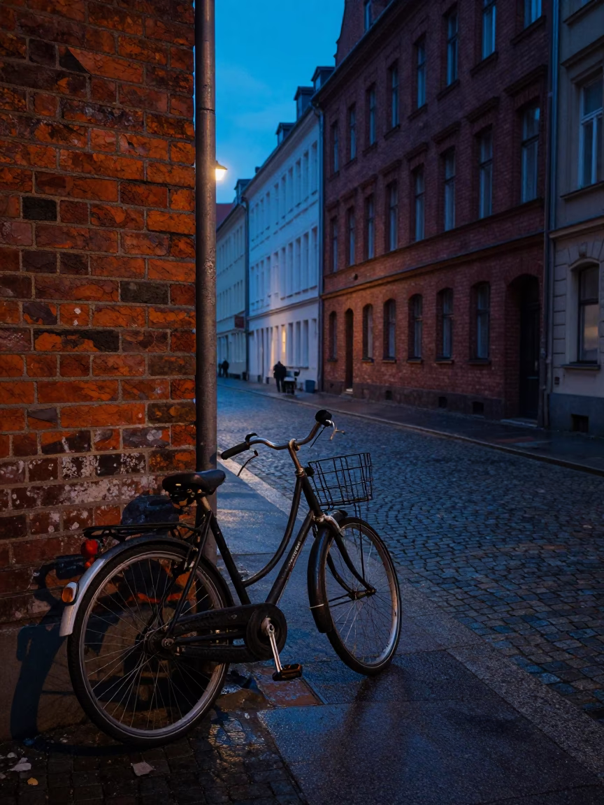 Berlin Germany indigo twilight street scene with vintage bicycle and wooden hanger in in Berlin, Germany