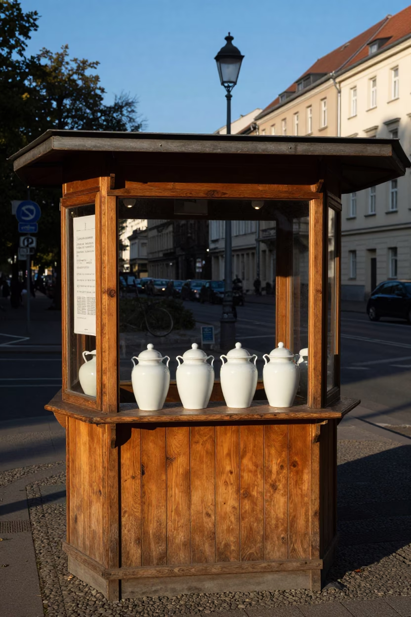 Berlin Germany Late Afternoon Street Scene with Porcelain Jars on Wooden Counter in in Berlin, Germany