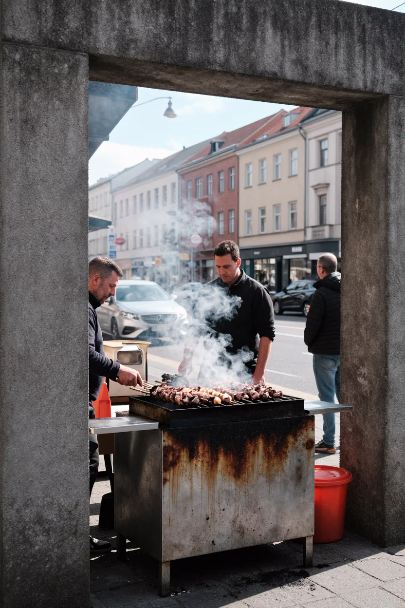 Berlin Germany Midday Street Scene with Kebab Grilling and Urban Pedestrians in in Berlin, Germany