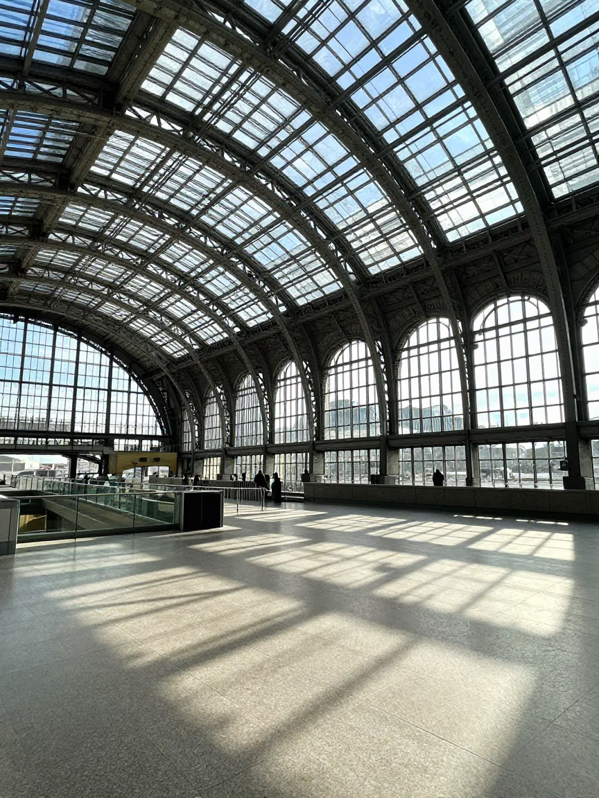 Berlin Germany Midmorning Light Inside Glass Steel Train Station Arched Roof in in Berlin, Germany