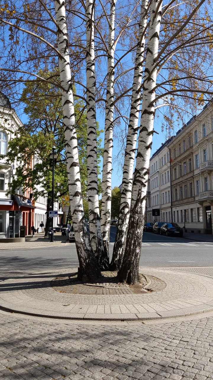 Berlin Germany midmorning street scene with white birch trees and historic architecture in in Berlin, Germany