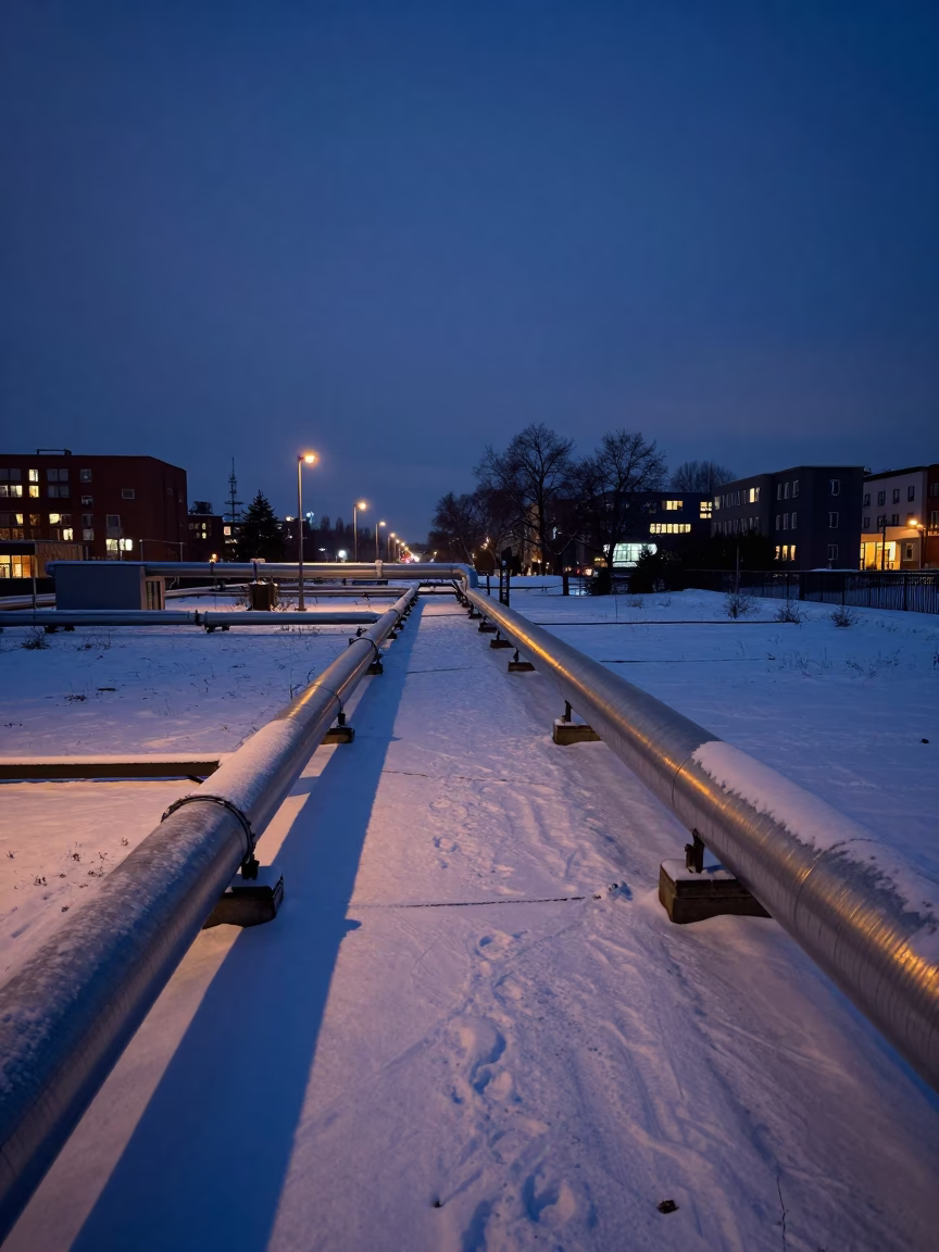 Berlin Germany Nautical Dawn District Heating Pipe Corridor Snow Covered Ground in in Berlin, Germany