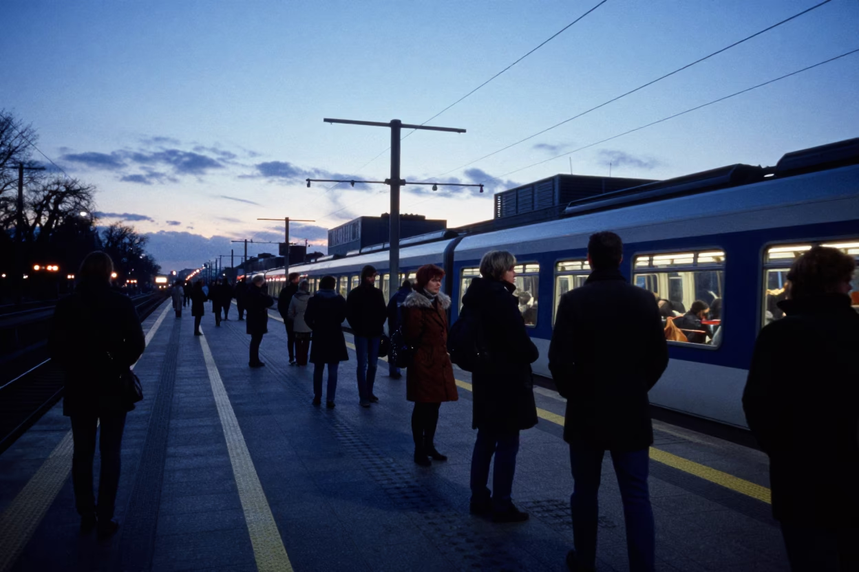 Berlin Germany Nautical Dawn S-Bahn Platform Commuters Waiting for Morning Train in in Berlin, Germany