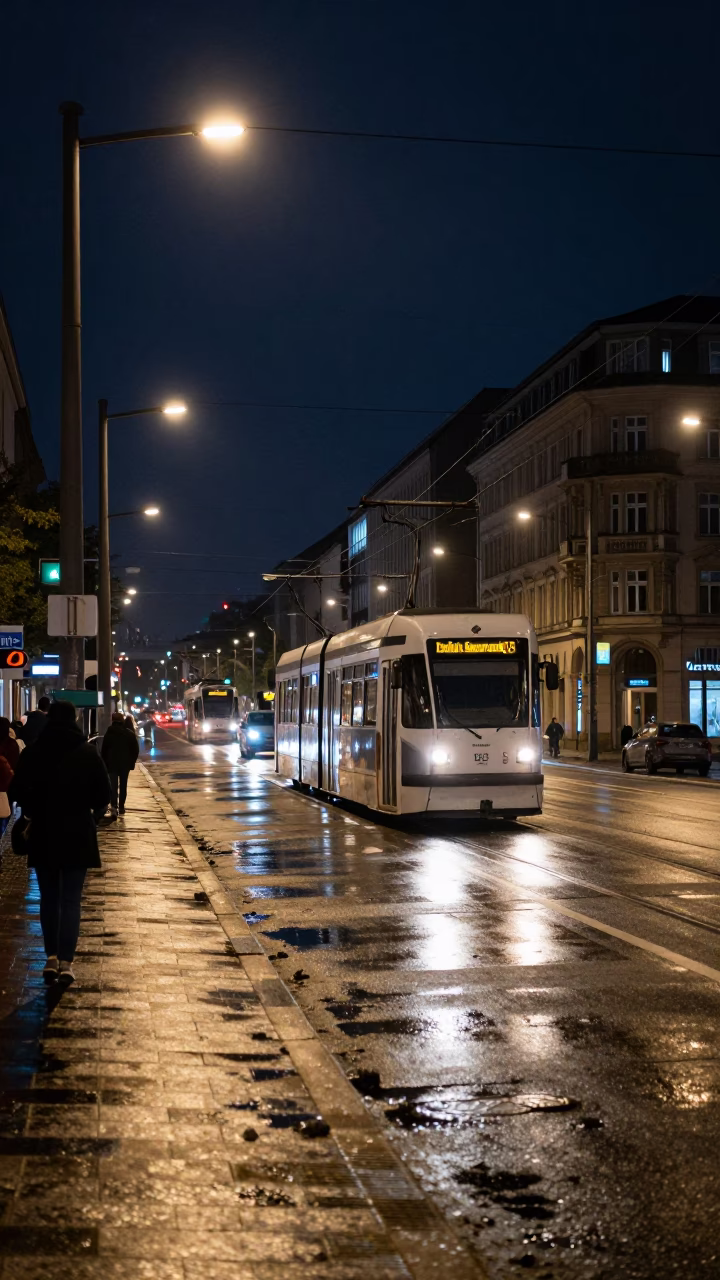 Berlin Germany Night Street Scene with Cable Car and Urban Infrastructure Under Deep Sky in in Berlin, Germany