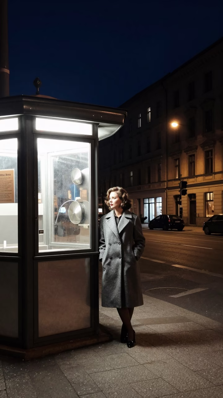 Berlin Germany Night Street Scene with Vintage 1960s Aesthetic and Urban Details in in Berlin, Germany