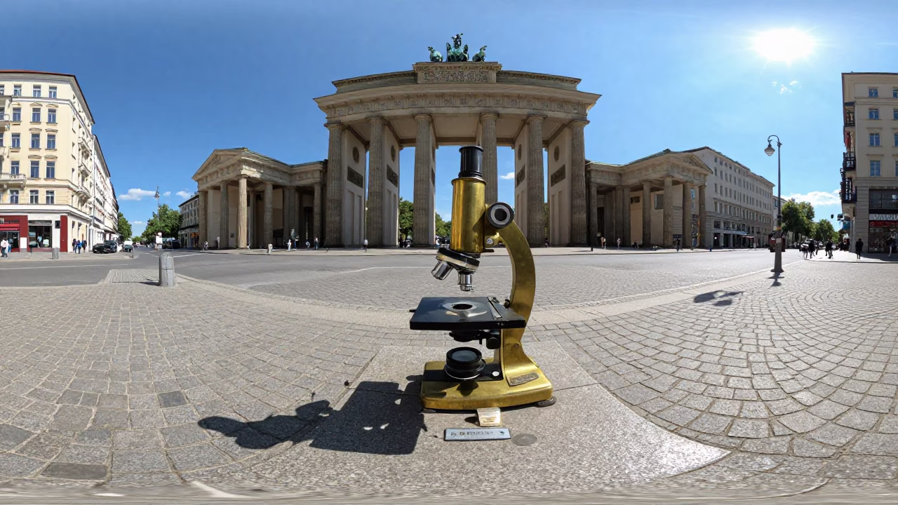 Berlin Germany Noon Street Scene with Antique Brass Microscope on Wooden Table in in Berlin, Germany