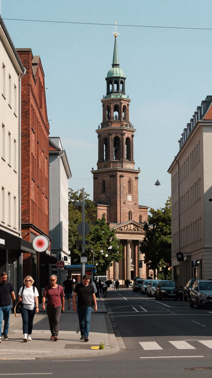 Berlin Germany Noon Street Scene with Bell Tower and Dahlia Garden Blooms in in Berlin, Germany