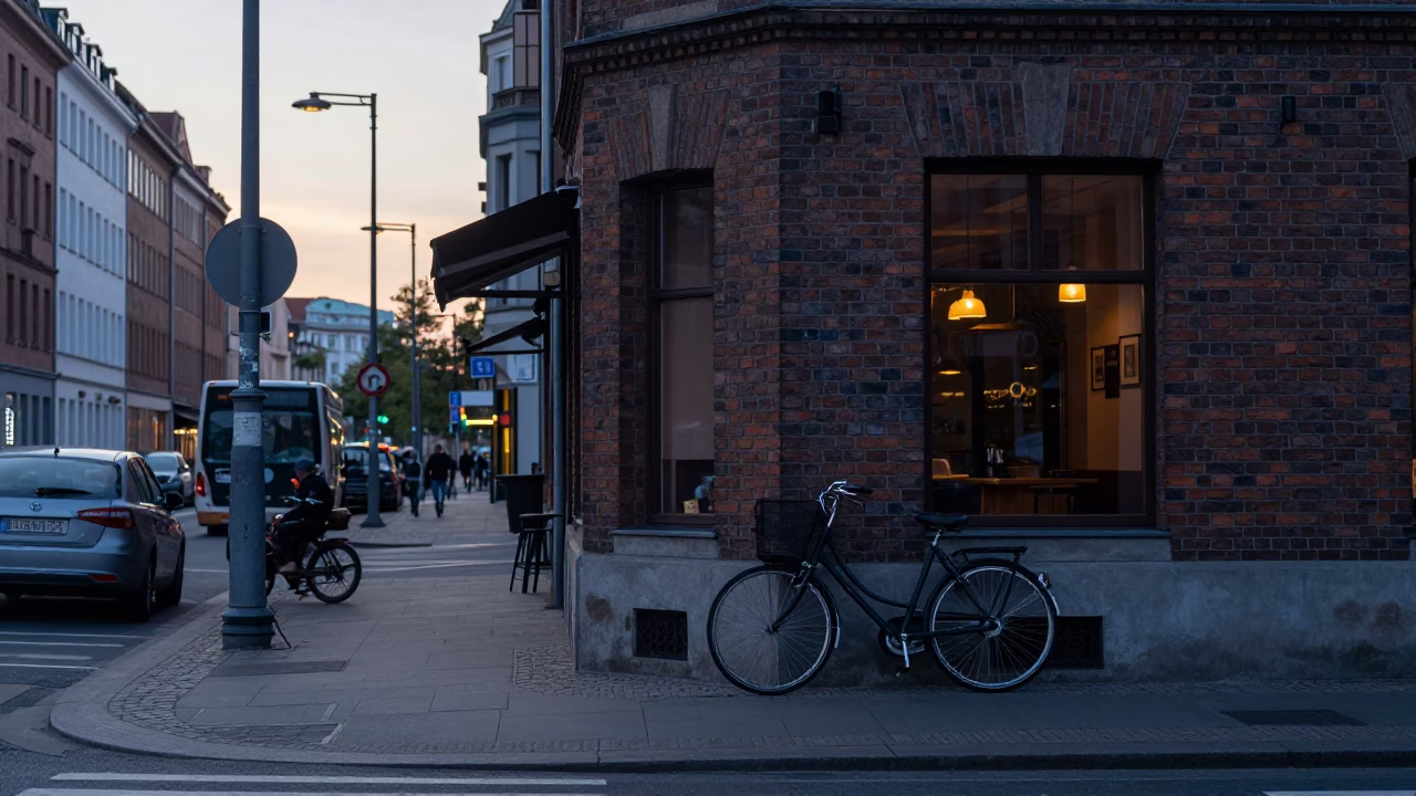 Berlin Germany Pre-Dawn Street Scene with Bicycle and Urban Infrastructure in in Berlin, Germany