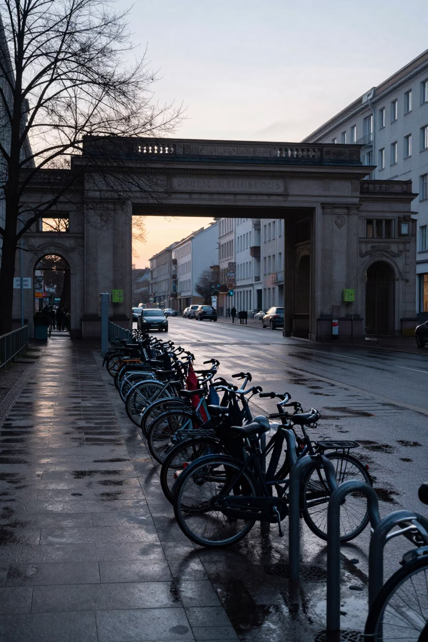 Berlin Germany Pre-Dawn Street Scene with Bicycle Rack and Urban Architecture in in Berlin, Germany
