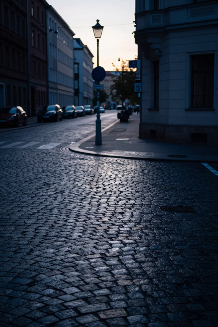 Berlin Germany Pre-Dawn Street Scene with Cobblestones and Morning Light in in Berlin, Germany