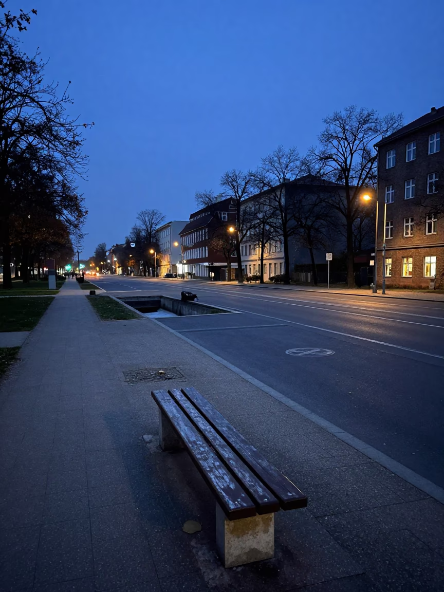 Berlin Germany Pre-Dawn Street Scene with Park Bench and Spillway Chute in in Berlin, Germany