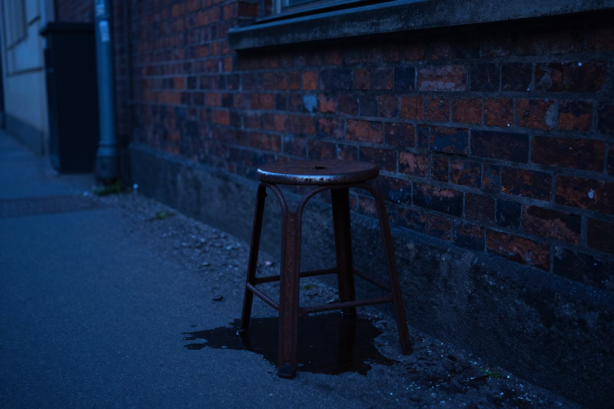 Berlin Germany pre-dawn street scene with rusted stool and water rings on concrete in in Berlin, Germany