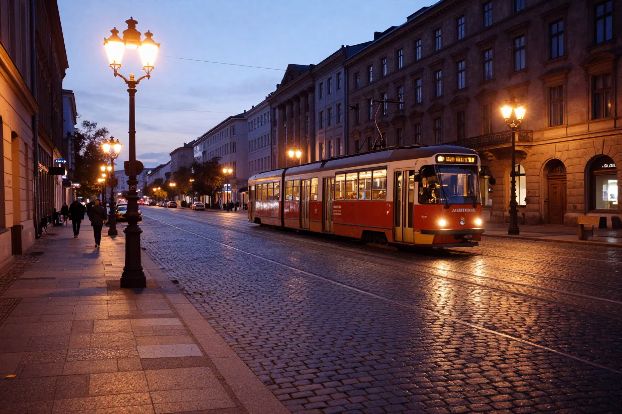 Berlin Germany pre-dawn street scene with vintage tram and historic architecture in in Berlin, Germany