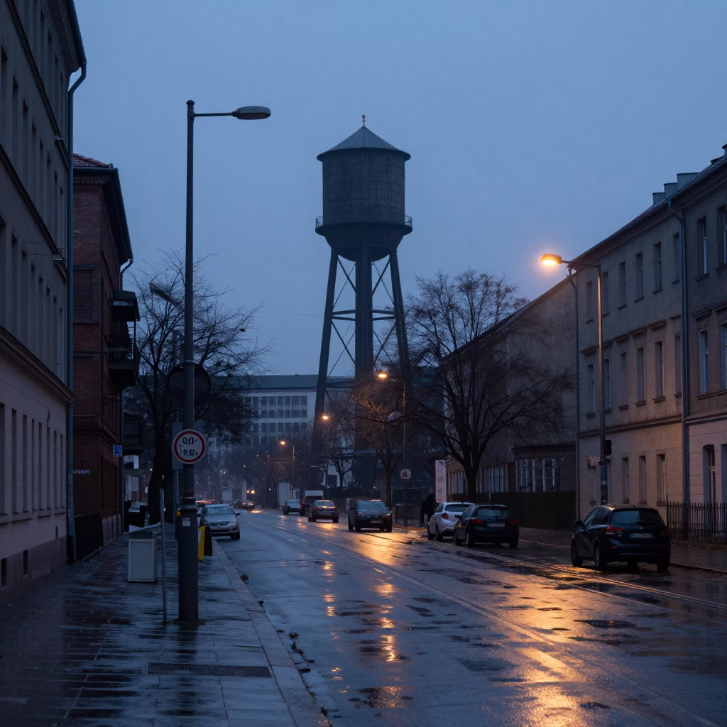 Berlin Germany pre-dawn street scene with water tower and wet pavement in in Berlin, Germany