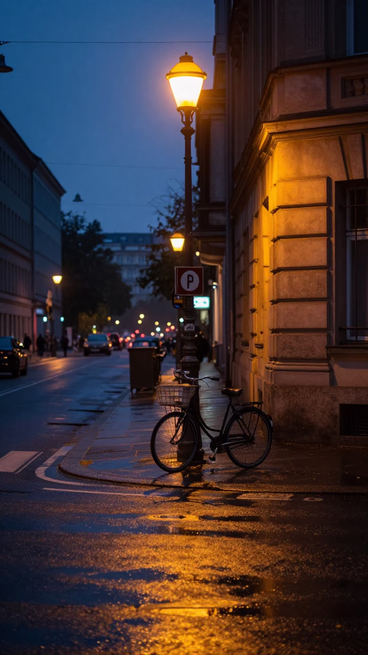 Berlin Germany Predawn Street Scene with Bicycle and Urban Architecture in in Berlin, Germany