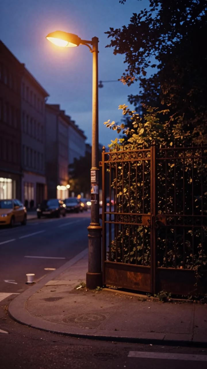 Berlin Germany Predawn Street Scene with Cup and Garden Gate in Dark Urban Setting in in Berlin, Germany