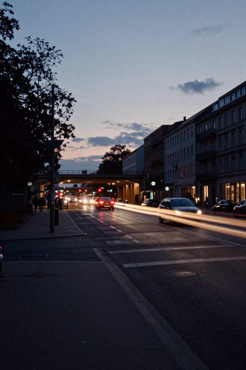 Berlin Germany Predawn Street Scene with Overpass Interchange and Taillight Streaks in in Berlin, Germany