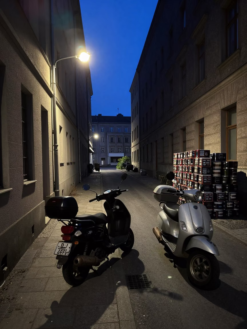 Berlin Germany Predawn Street Scene with Scooter and Coffee Tin in in Berlin, Germany