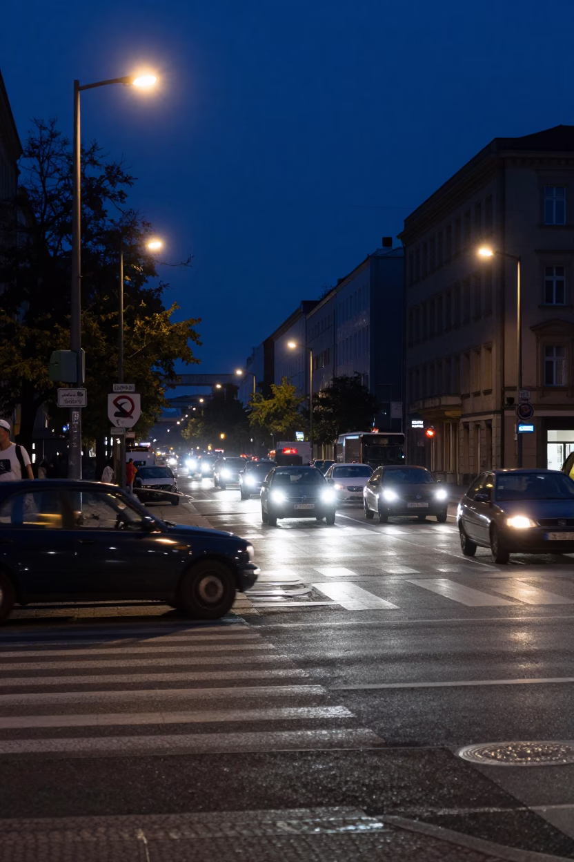 Berlin Germany Predawn Street Scene with Vintage Car Headlight Streaks and Urban Night Life in in Berlin, Germany