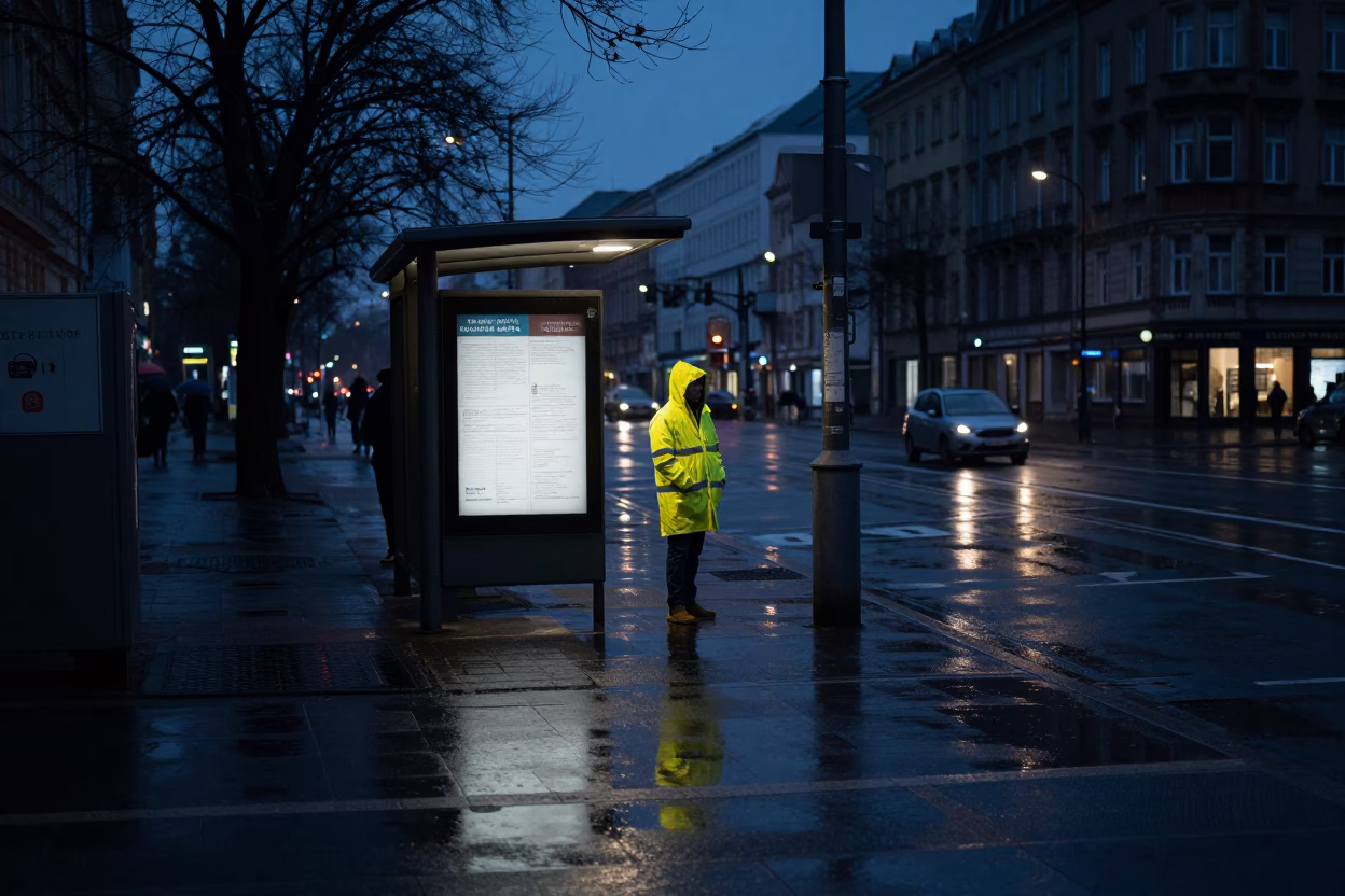 Berlin Germany Predawn Urban Street Scene with Raincoats and City Infrastructure in in Berlin, Germany
