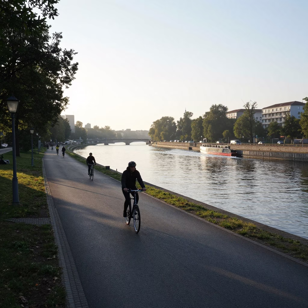 Berlin Germany Spree River Morning Light with Bicycle Traffic and Urban Architecture in in Berlin, Germany