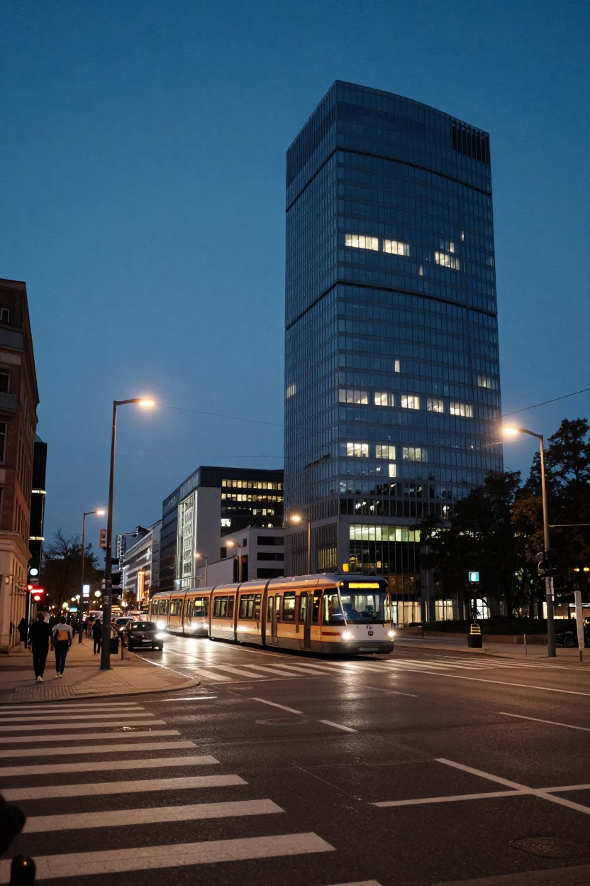 Berlin Germany Street Scene at Dusk with Monorail Reflection in Glass Skyscraper in in Berlin, Germany