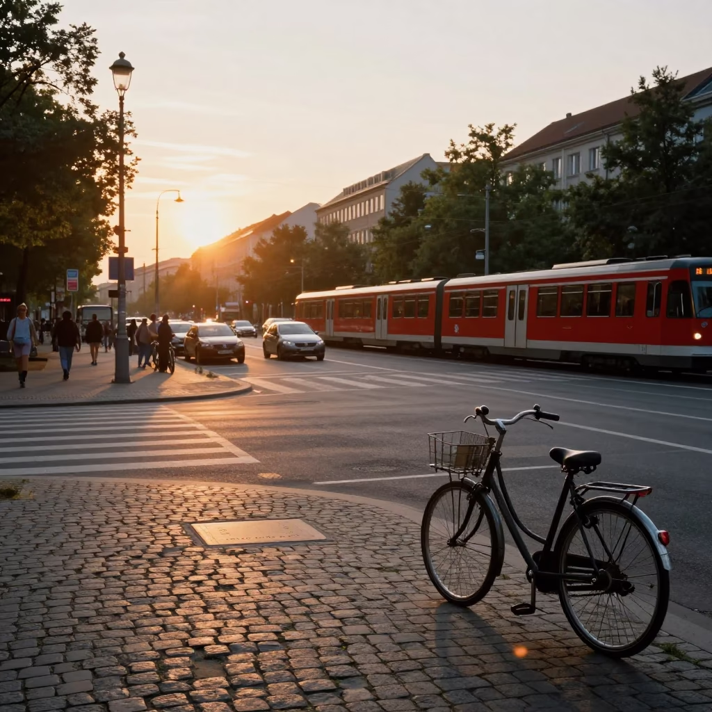 Berlin Germany street scene at sunset with vintage bicycles and local pedestrians in in Berlin, Germany
