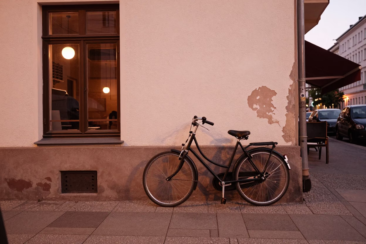 Berlin Germany Street Scene Before Dusk with Bicycle Leaning Against Cafe Wall in in Berlin, Germany